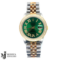 Load image into Gallery viewer, 36mm Preowned Rolex ‘88 Datejust T/T Custom Green Roman Dial W/ Custom 2.50ctw Diamond Bezel 16233