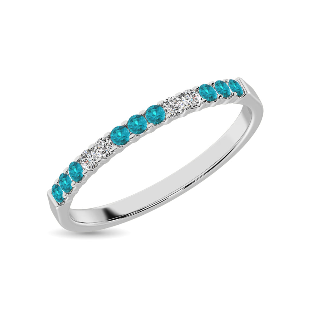 14K White Gold 1/4 Ct.Tw. Alternate Diamond And Aqua Marine Machine Band