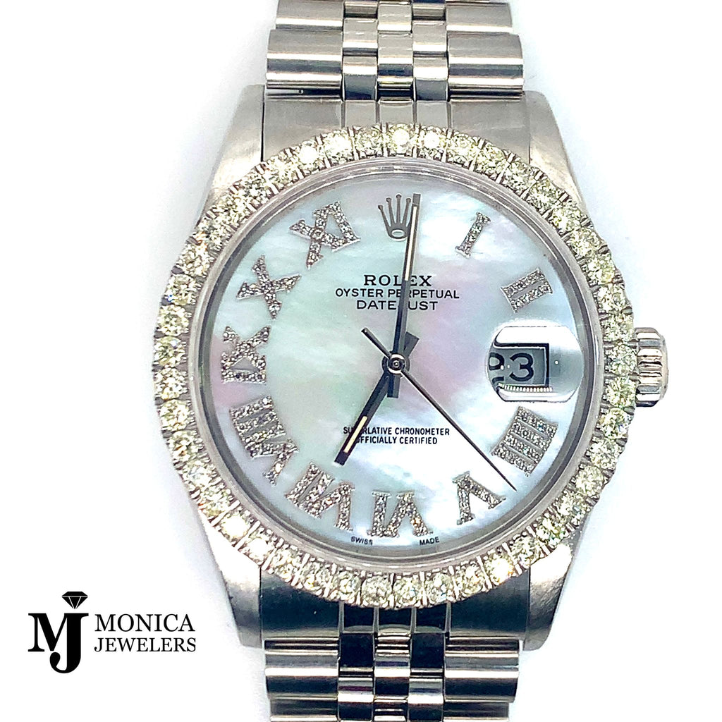 Preowned ‘82 Datejust SS Custom White MOP Roman Dial w/ Custom Bezel 2.50ctw