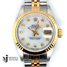 Cargar imagen en el visor de la galería, 26mm Preowned Ladies Rolex ‘91 T/T 18K/SS Jubilee White MOP Custom Dial W/ Papers