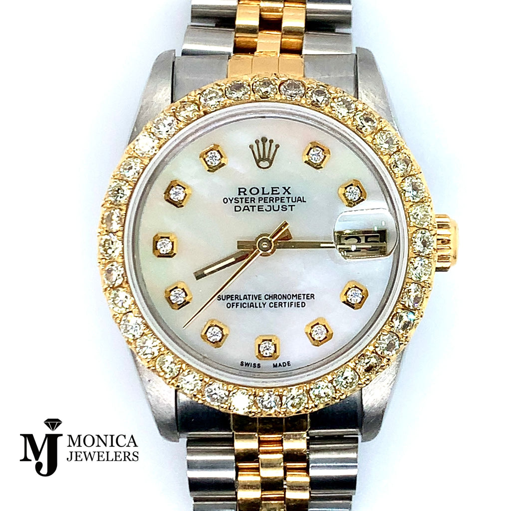 Ladies Preowned 31mm Rolex ‘90 Datejust Custom White MOP Dial w/ Custom Diamond Bezel 2ctw QS 68273