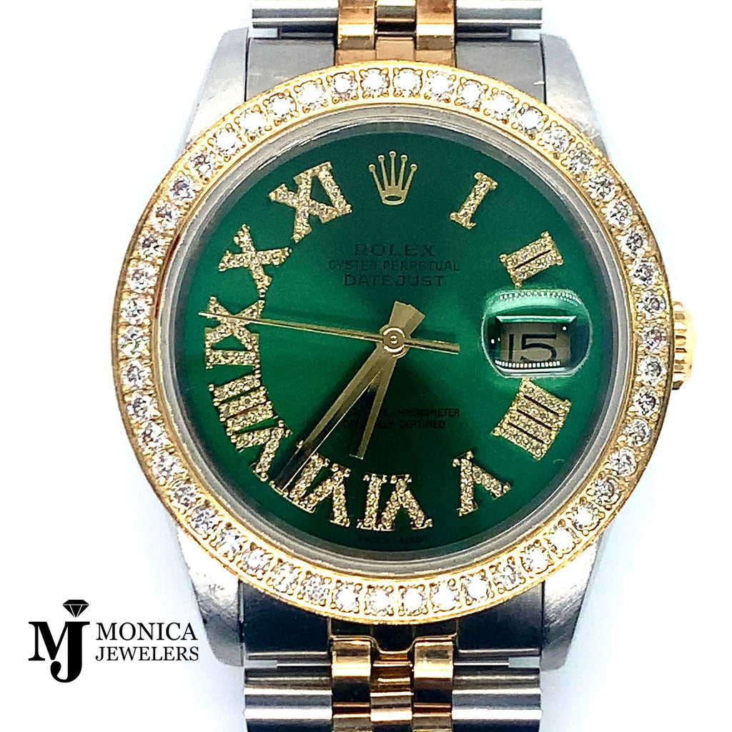 36mm Preowned Rolex ‘88 Datejust T/T Custom Green Roman Dial W/ Custom 2.50ctw Diamond Bezel 16233