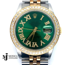 Cargar imagen en el visor de la galería, 36mm Preowned Rolex ‘88 Datejust T/T Custom Green Roman Dial W/ Custom 2.50ctw Diamond Bezel 16233