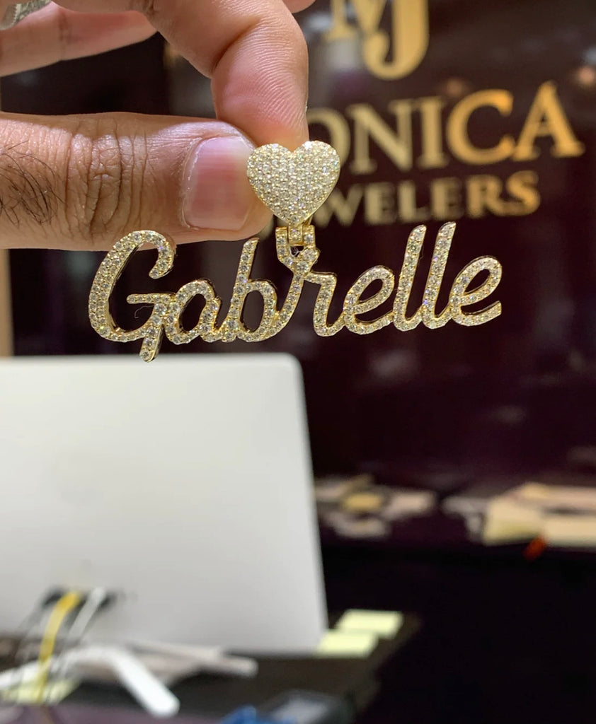 Custom Yellow Gold Diamond Name Pendant w/ ❤️ Heart Bail