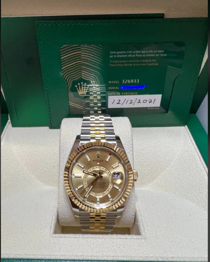 Preowned Rolex Sky-Dweller 42mm Bright Champagne Dial Two Tone Jubilee 18k/SS Bracelet Men's Watch 326933