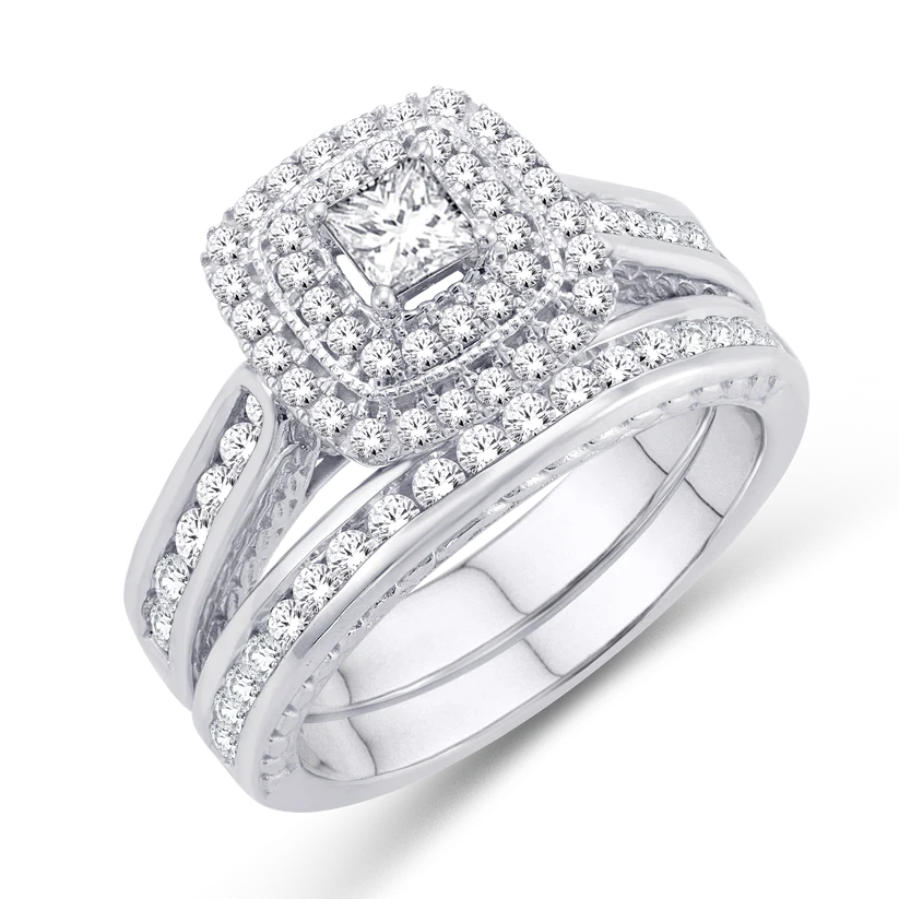 14k White Gold 1ctw Princess Cut Double Halo Bridal Set