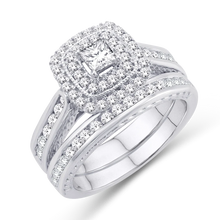 Load image into Gallery viewer, 14k White Gold 1ctw Princess Cut Double Halo Bridal Set