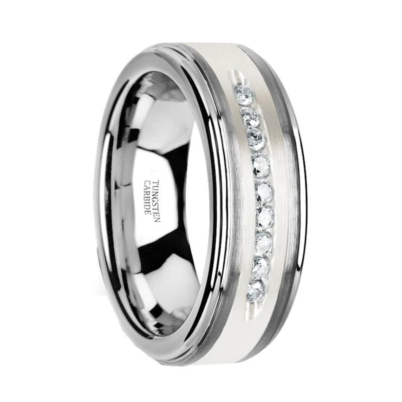 White Diamond Wedding Band - Tungsten Ring - Silver Tungsten - Silver Inlay Center - 9 Channel Set White Diamonds - Tungsten Wedding Band