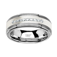 Load image into Gallery viewer, White Diamond Wedding Band - Tungsten Ring - Silver Tungsten - Silver Inlay Center - 9 Channel Set White Diamonds - Tungsten Wedding Band