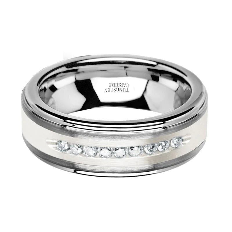 White Diamond Wedding Band - Tungsten Ring - Silver Tungsten - Silver Inlay Center - 9 Channel Set White Diamonds - Tungsten Wedding Band