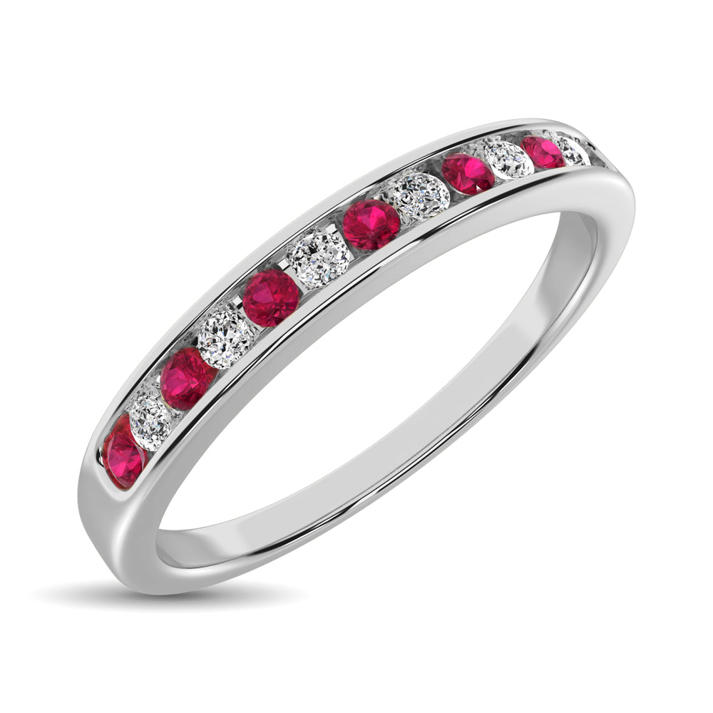 14K White Gold 1/5 Ctw Ruby and Diamond Machine Band