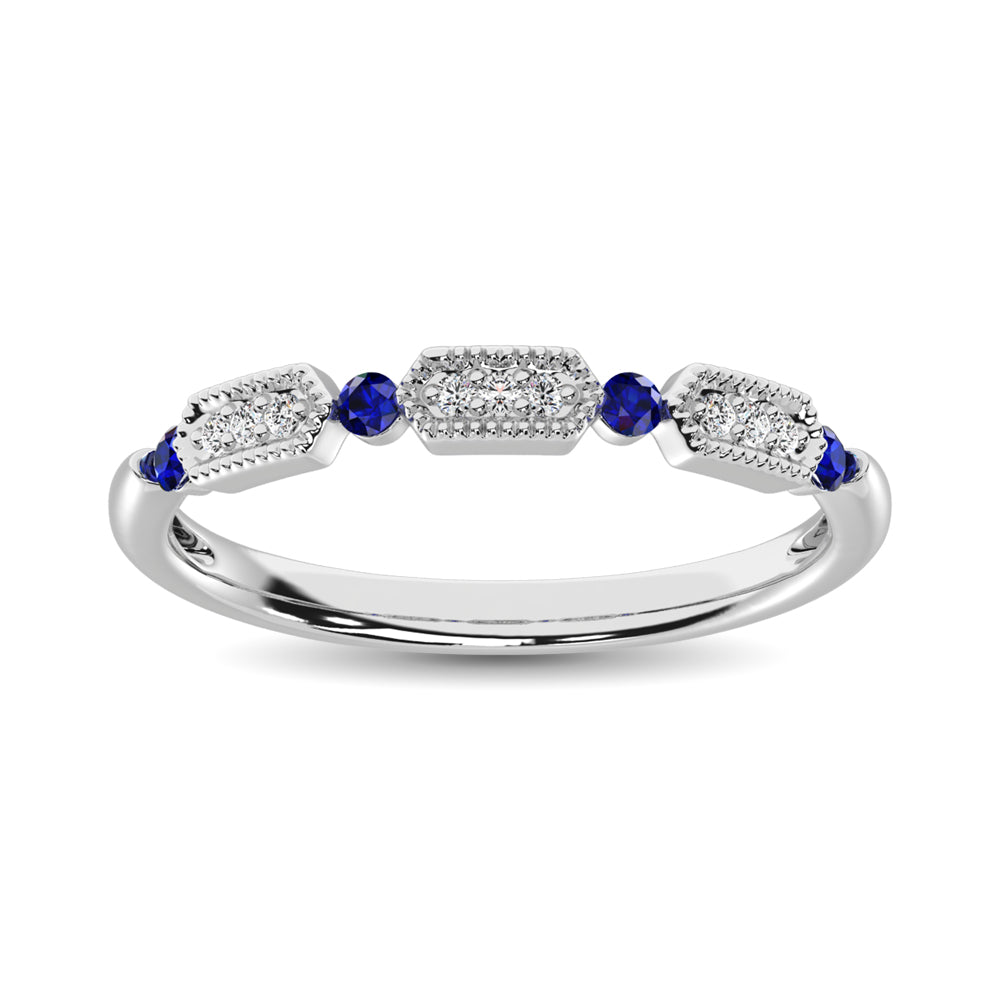 14K White Gold Alternate Diamond 1/5 Ctw and Blue Saphire Ring