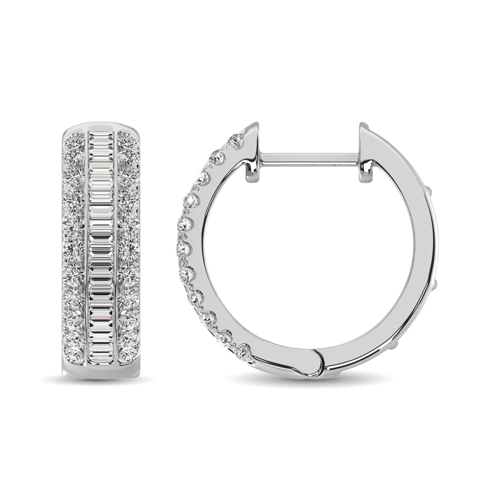 14K White Gold Round and Baguette Diamond 1/2 Ct.Tw. Hoop Earrings