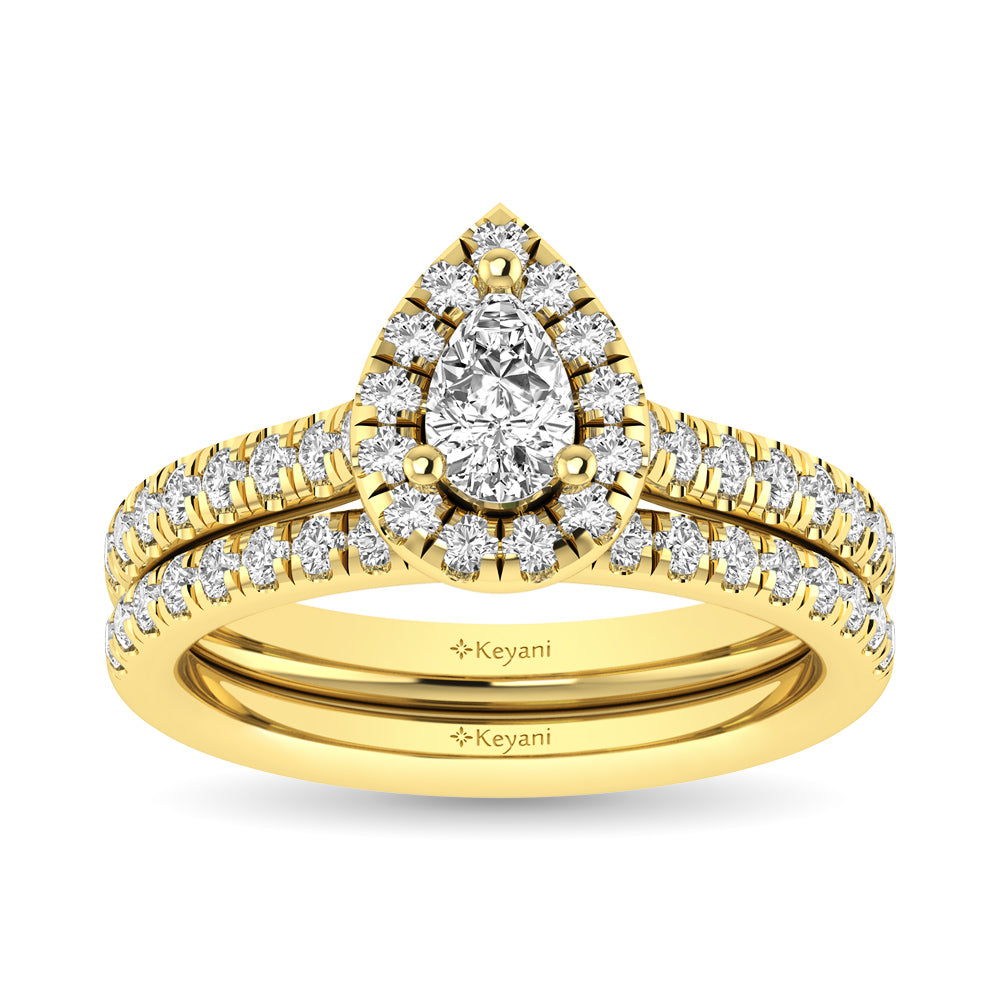 Diamond Classic Shank Single Halo Bridal Ring 1 ct tw Pear Cut in 14K Yellow Gold