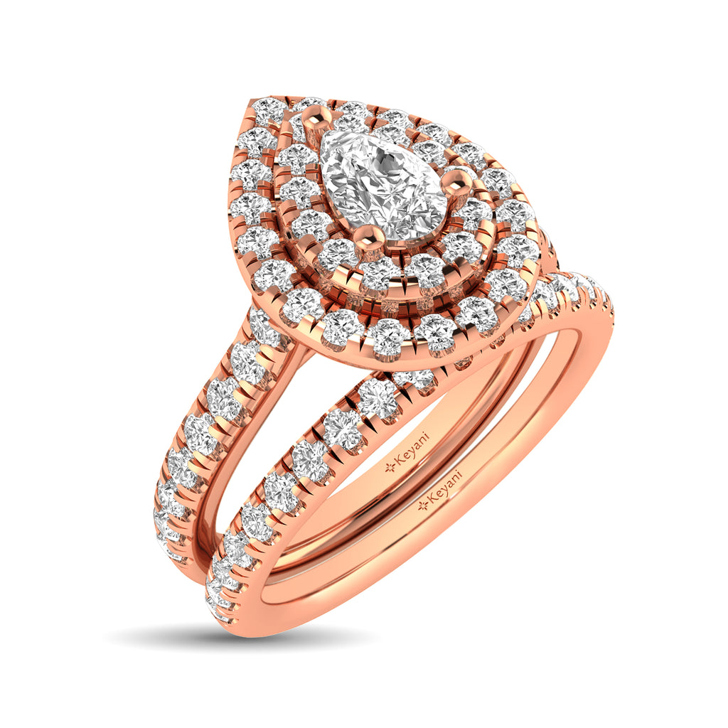 Diamond Classic Shank Double Halo Bridal Ring 1 ct tw Pear Cut in 14K Rose Gold