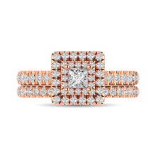 Cargar imagen en el visor de la galería, Diamond Classic Shank Double Halo Bridal Ring 1 ct tw Princess Cut in 14K Rose Gold