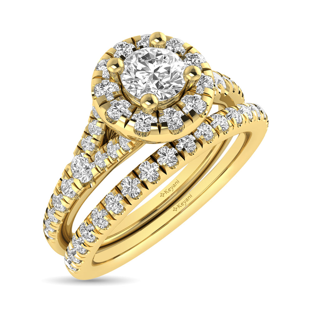 Diamond  Split Shank Single Halo Bridal Ring 1 ct tw Round Cut in 14K Yellow Gold