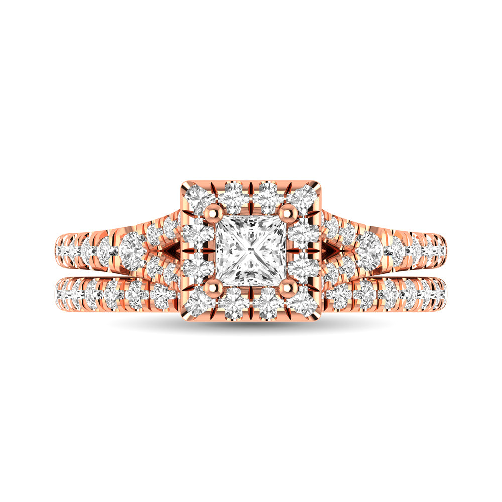 Diamond  Split Shank Single Halo Bridal Ring 1 ct tw Princess Cut in 14K Rose Gold