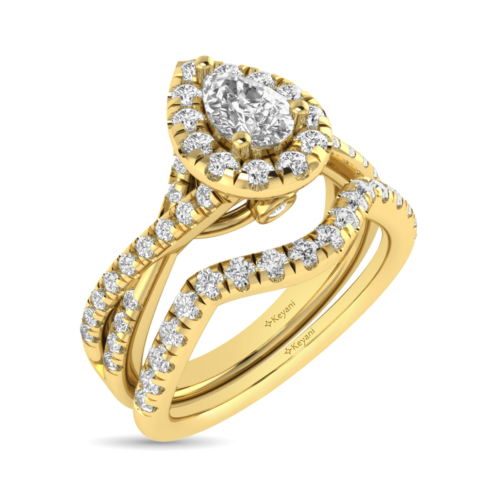 Diamond  Twist Shank Single Halo Bridal Ring 1 ct tw Pear Cut in 14K Yellow Gold