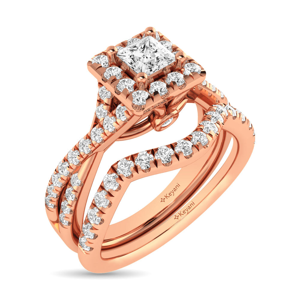 Diamond  Twist Shank Single Halo Bridal Ring 1 ct tw Princess Cut in 14K Rose Gold