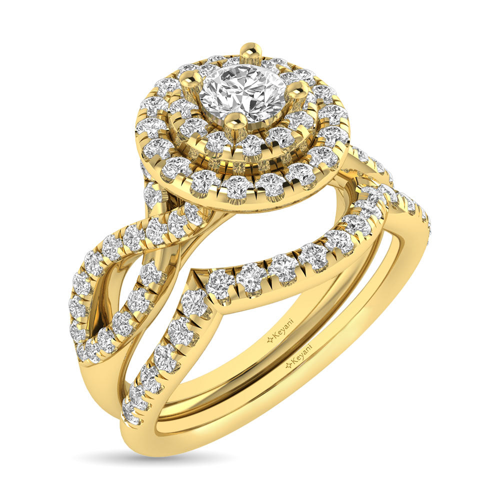 Diamond  Twist Shank Double Halo Bridal Ring 1 ct tw Round Cut in 14K Yellow Gold