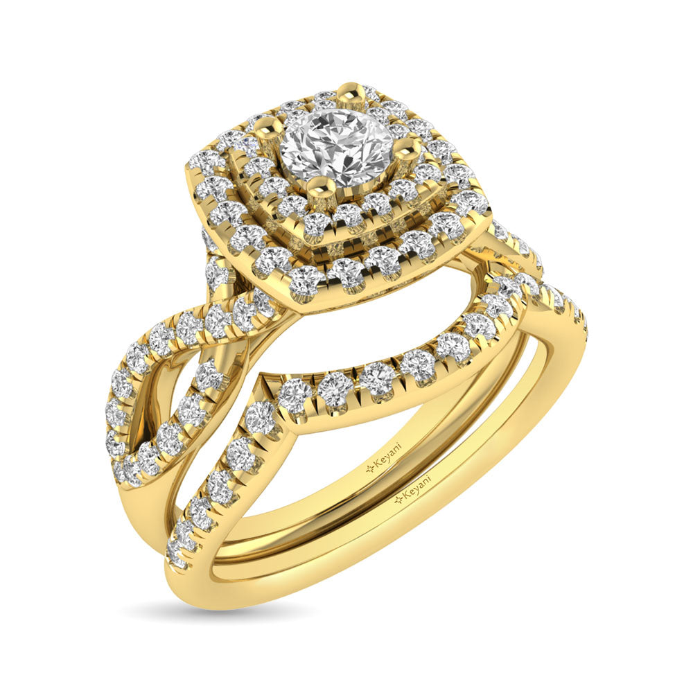 Diamond  Twist Shank Double Halo Bridal Ring 1 ct tw Round Cut in 14K Yellow Gold