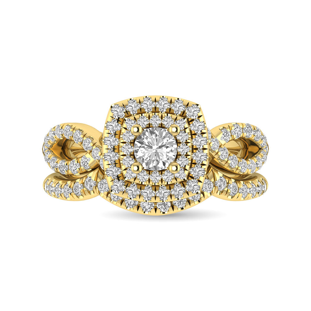 Diamond  Twist Shank Double Halo Bridal Ring 1 ct tw Round Cut in 14K Yellow Gold