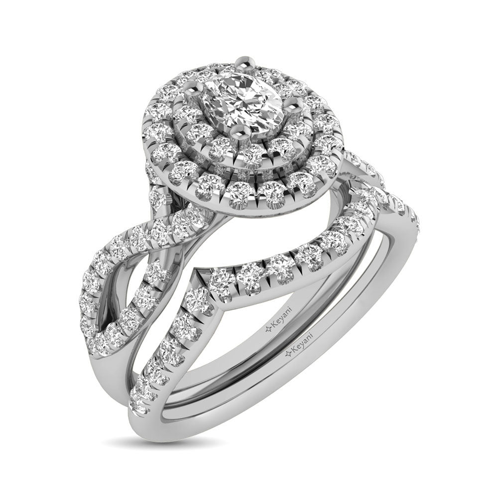 Diamond Twist Shank Double Halo Bridal Ring 3/4 ct tw Oval Cut in 14K White Gold