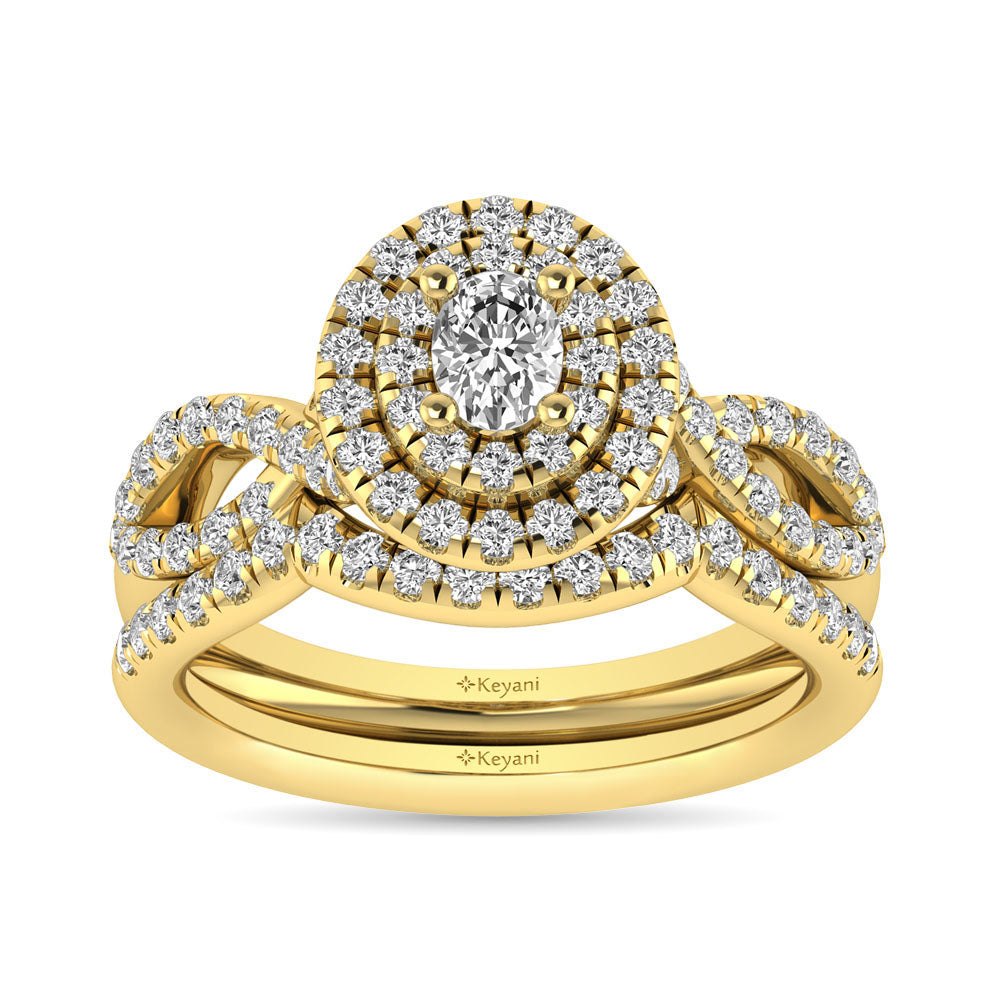 Diamond  Twist Shank Double Halo Bridal Ring 3/4 ct tw Oval Cut in 14K Yellow Gold