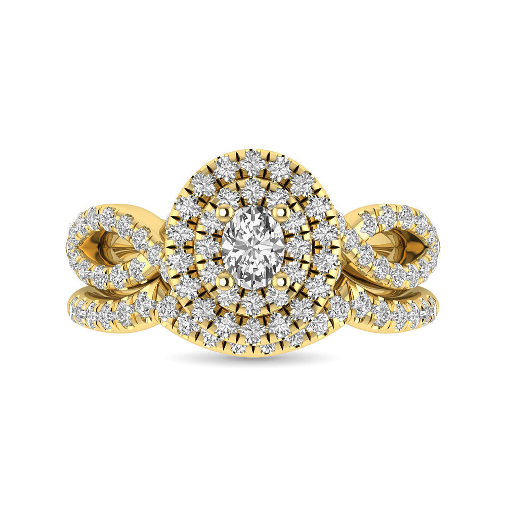 Diamond  Twist Shank Double Halo Bridal Ring 3/4 ct tw Oval Cut in 14K Yellow Gold