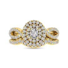 Cargar imagen en el visor de la galería, Diamond  Twist Shank Double Halo Bridal Ring 3/4 ct tw Oval Cut in 14K Yellow Gold