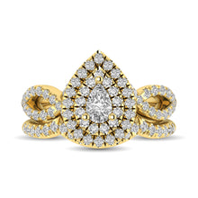 Cargar imagen en el visor de la galería, Diamond  Twist Shank Double Halo Bridal Ring 1 ct tw Pear Cut in 14K Yellow Gold