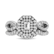 Cargar imagen en el visor de la galería, Diamond Twist Shank Double Halo Bridal Ring 3/4 ct tw Emerald Cut in 14K White Gold