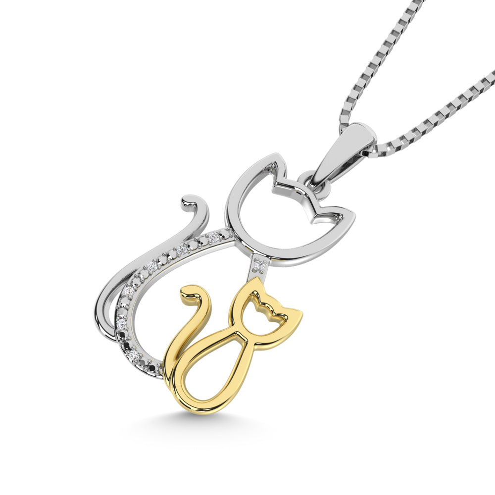 Diamond Accent Cat and Kitten Pendant in Sterling Silver and 10K Yellow Gold