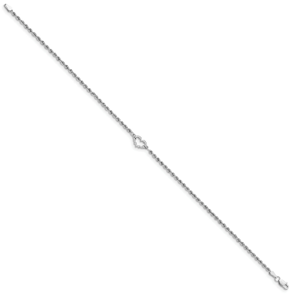 14k White Gold Diamond-cut Rope with Heart 10in Anklet