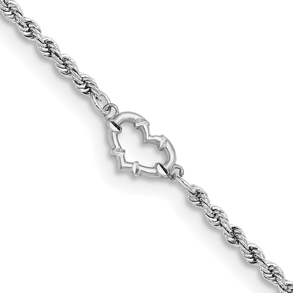 14k White Gold Diamond-cut Rope with Heart 10in Anklet