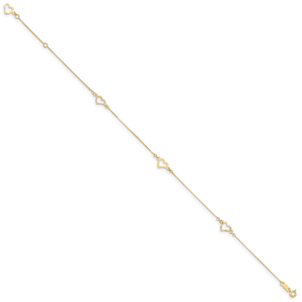 14K Adjustable Fancy Heart 9in Plus 1in Ext. Anklet