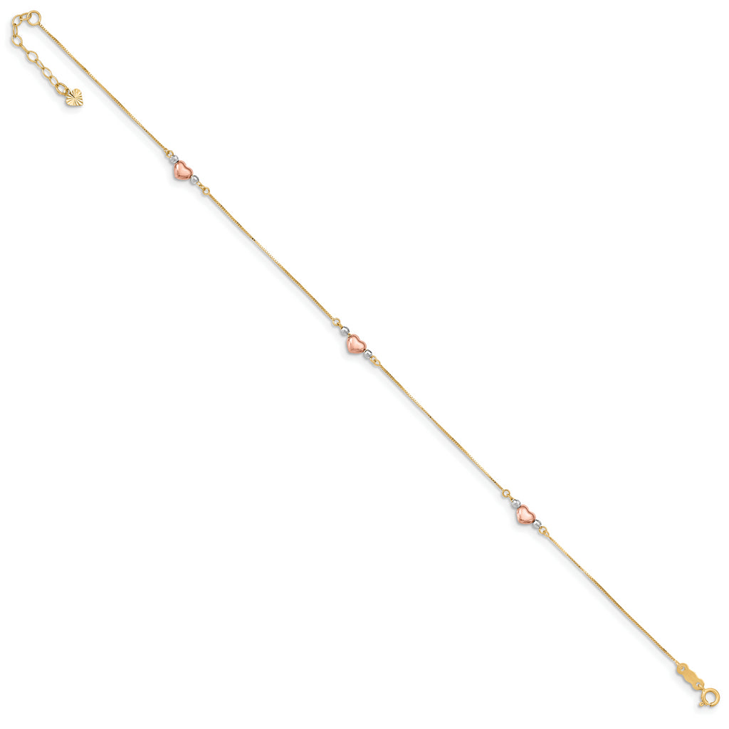 14k Tri-Color Puffed Heart 9in Plus 1in ext Anklet