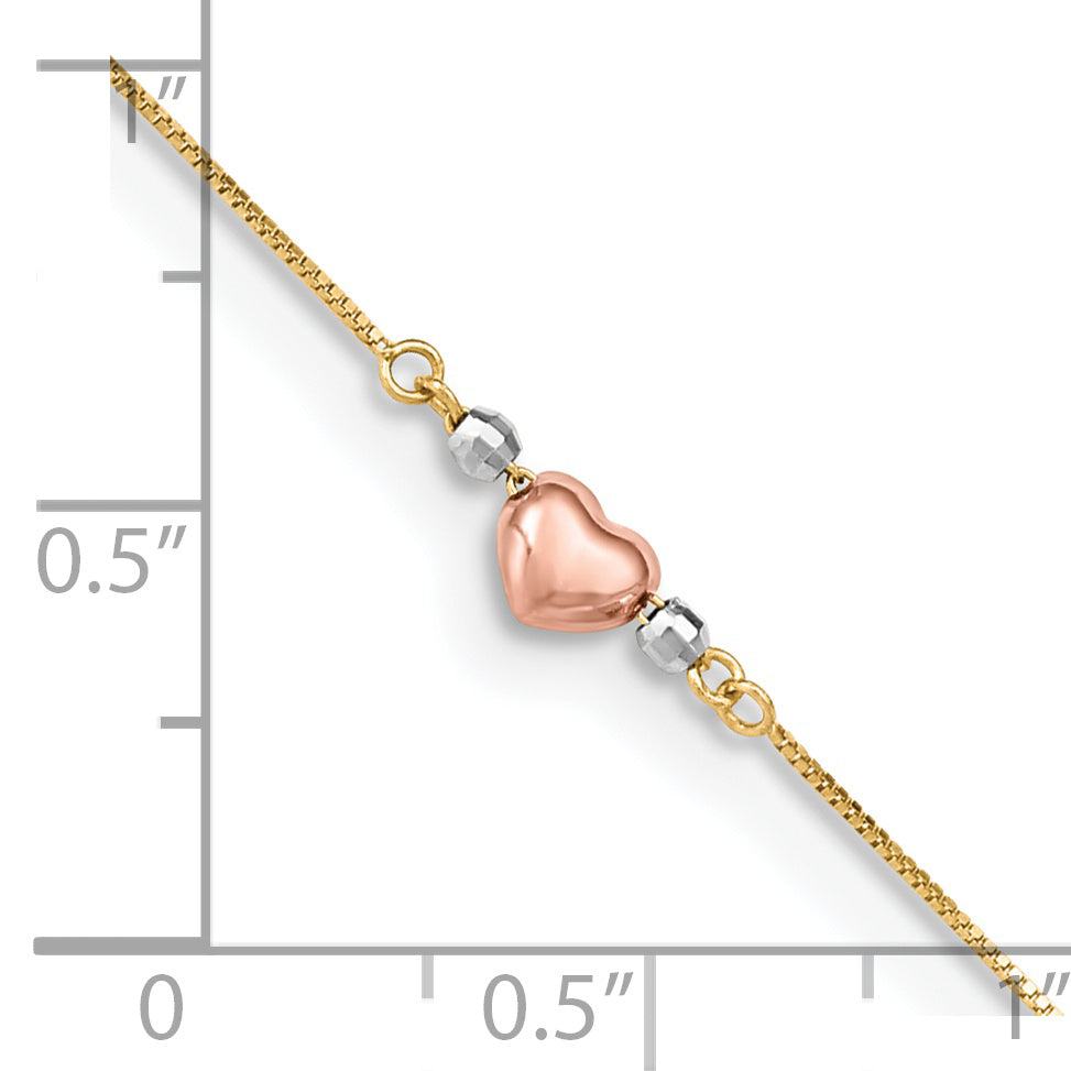 14k Tri-Color Puffed Heart 9in Plus 1in ext Anklet