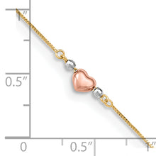 Load image into Gallery viewer, 14k Tri-Color Puffed Heart 9in Plus 1in ext Anklet