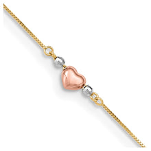 Load image into Gallery viewer, 14k Tri-Color Puffed Heart 9in Plus 1in ext Anklet