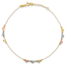 Load image into Gallery viewer, 14K Tri-Color Diamond-cut Hearts 9in Plus 1in ext  Anklet