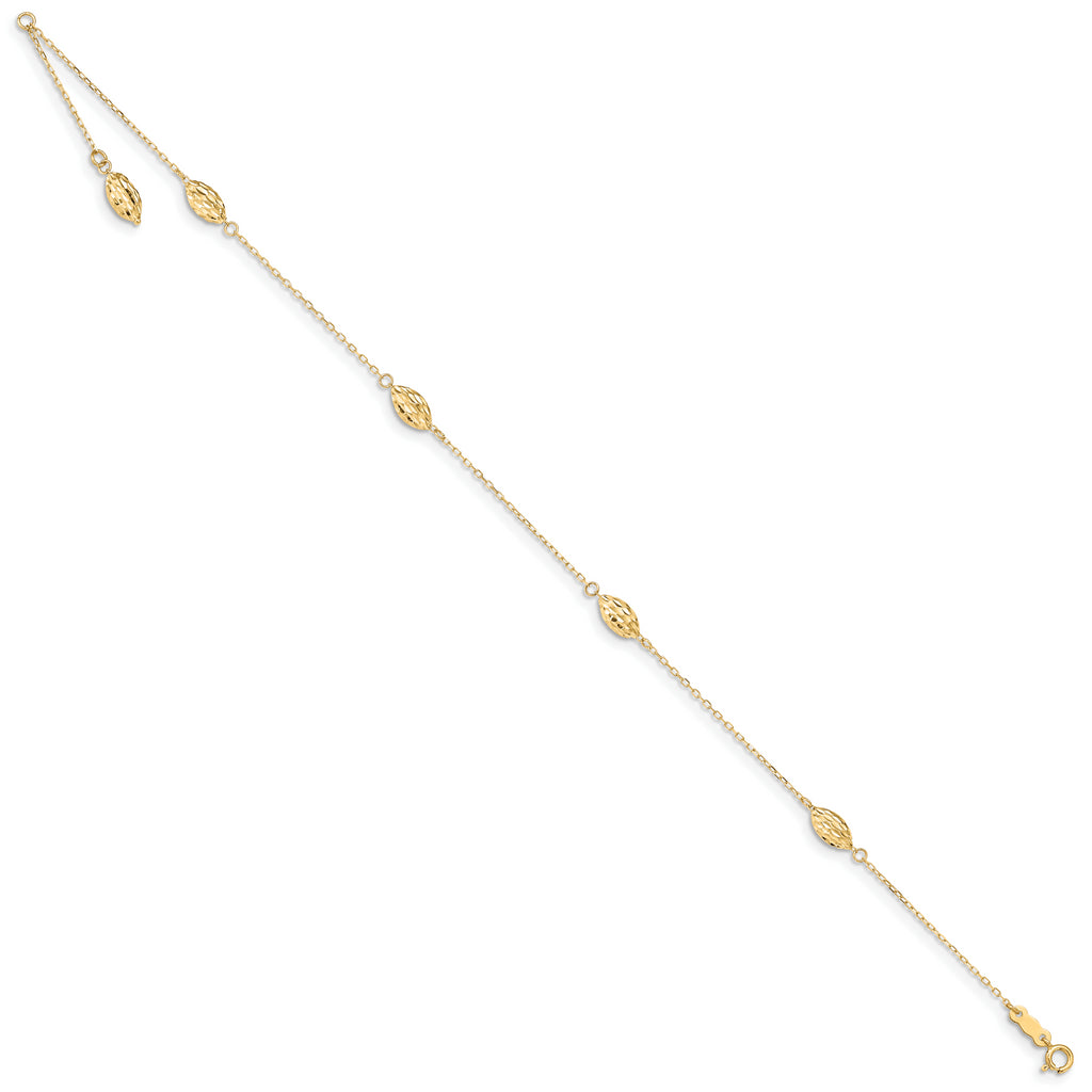 14k Polished Puffed Rice Bead 9in Plus 1in ext. Anklet