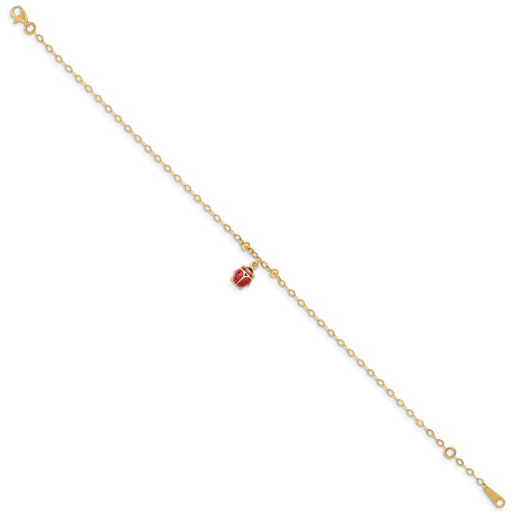 14K Adjustable Enameled Ladybug 9in Plus 1in ext. Anklet