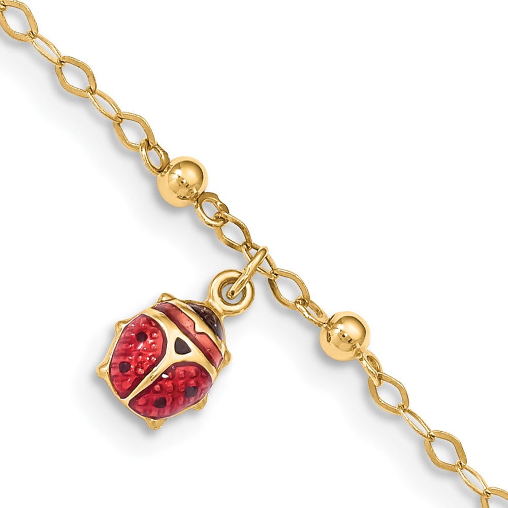 14K Adjustable Enameled Ladybug 9in Plus 1in ext. Anklet