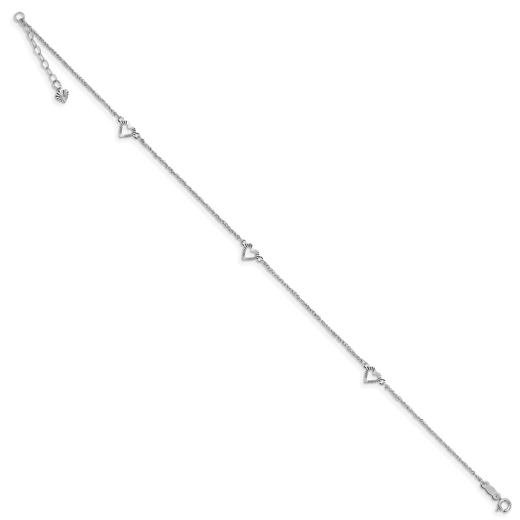 14k White Gold Diamond-cut Hearts 9in Plus 1in ext Anklet