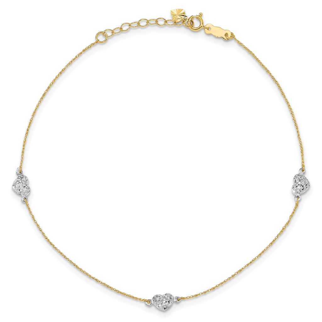 14k Two-tone Puff Heart 9in Plus 1in ext Anklet