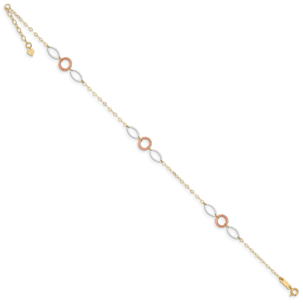 14k Tri-color Circle and Oval 9in Plus 1in ext. Anklet