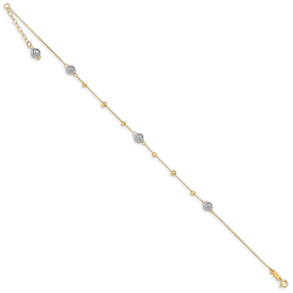 14k Two-tone Beads 9in Plus 1in ext. Anklet