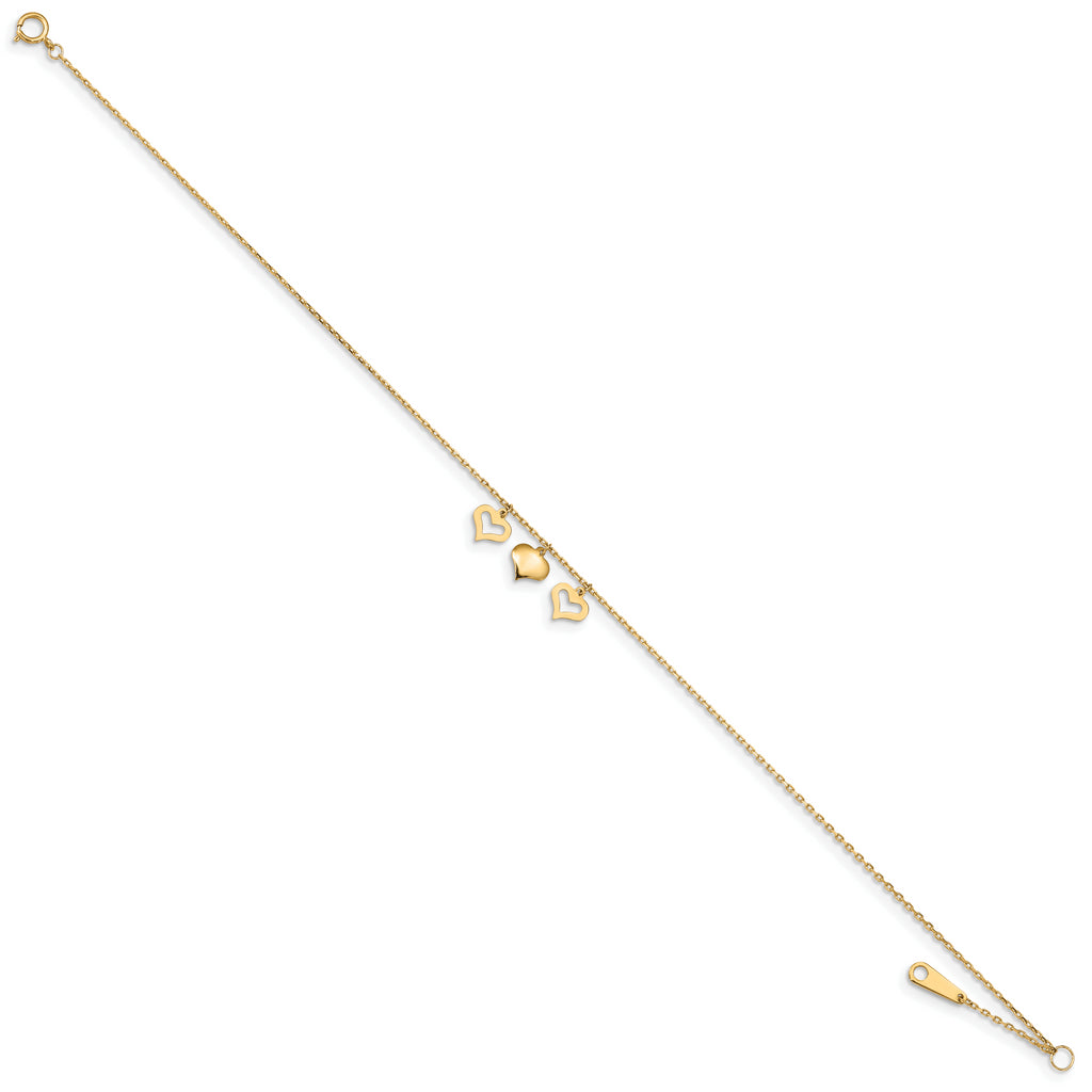 14k 3 Hearts 10inch Plus 1 inch Extension Anklet